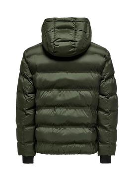 Casaco acolchoado com capuz verde Only and Sons Union para homem.