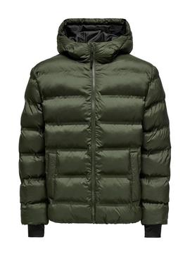 Casaco acolchoado com capuz verde Only and Sons Union para homem.