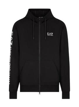 Jaqueta Emporio Armani EA7 preta com capuz e zíper para homem.