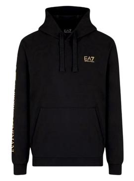 Moletom Emporio Armani EA7 com capuz preto e dourado para homem.