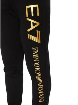 Calça Emporio Armani EA7 preta e dourada para homem.