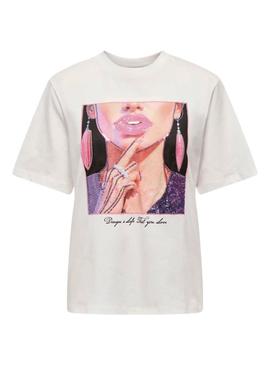 Camiseta Only Siff branca com lantejoulas para mulher.