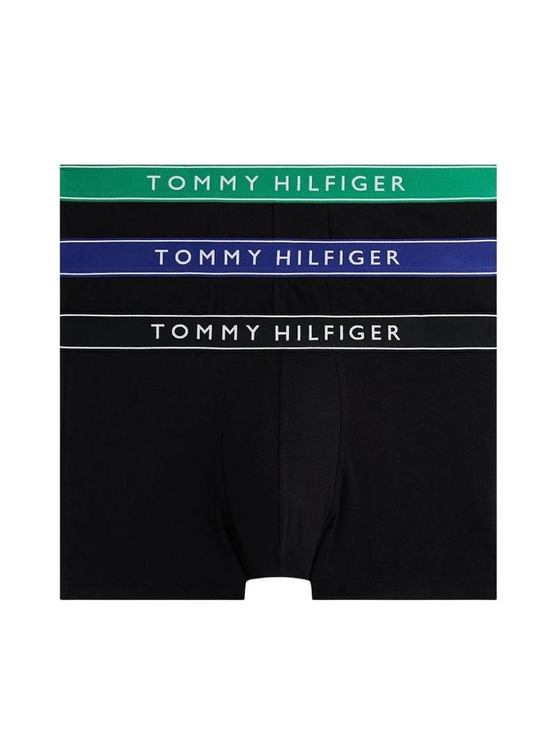 Pack 3 cuecas Tommy Hilfiger Trunk preto com cintura colorida para homem.