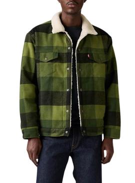 Jaqueta Levis Trucker Plaid Sherpa xadrez verde para homens