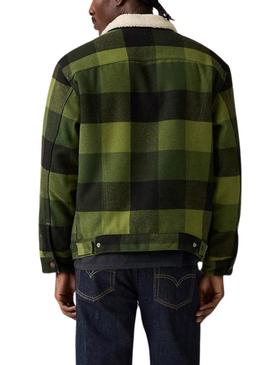 Jaqueta Levis Trucker Plaid Sherpa xadrez verde para homens