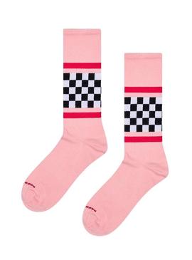 Meias Happy Socks Checked Stripe rosa para mulher.