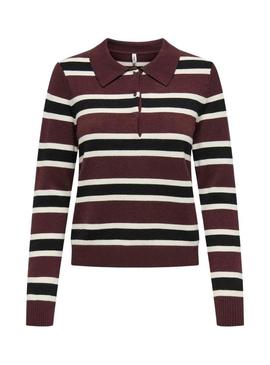 Camisa polo de malha listrada granate para mulher da Only London.