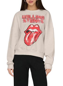 Moletom Only Rolling Stones bege para mulher.