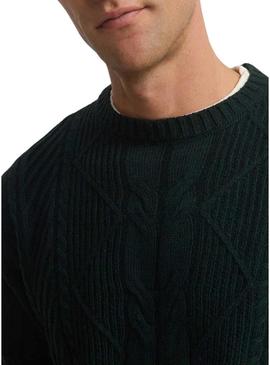 Camisola de tricô verde com padrão de tranças para homem.