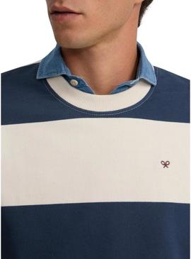 Moletom Silbon relaxado listrado creme e azul para homem.