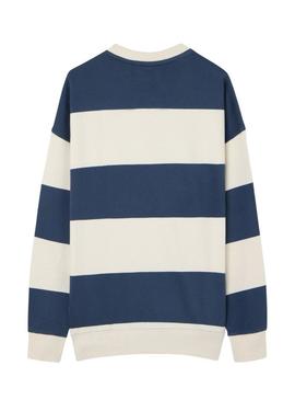 Moletom Silbon relaxado listrado creme e azul para homem.