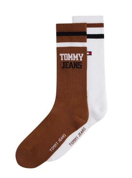 Pack 2 pares de meias Tommy Jeans castanhas e brancas para homem.