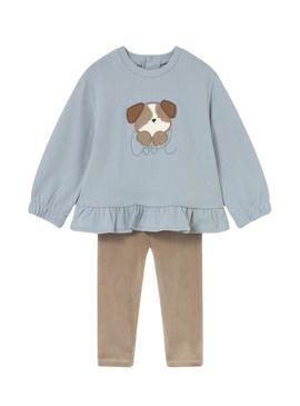 Conjunto de moleton e legging Mayoral cachorro azul e camelo para bebê.