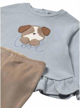 Conjunto de moleton e legging Mayoral cachorro azul e camelo para bebê.