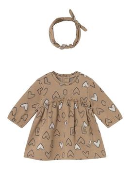 Vestido com diadema Mayoral corações camelo para bebê