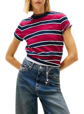 Camisa Tommy Jeans listrada bordô para mulher.