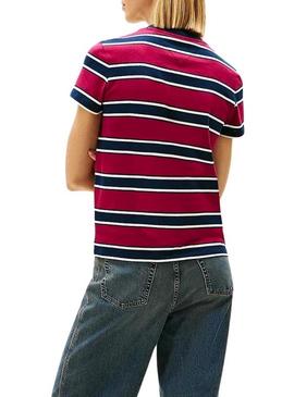 Camisa Tommy Jeans listrada bordô para mulher.