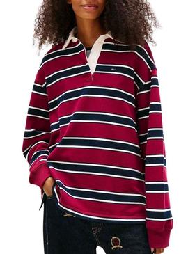 Polo Tommy Jeans Rugby listrado granate para mulher