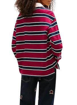 Polo Tommy Jeans Rugby listrado granate para mulher
