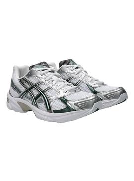 Sapatilhas Asics Gel 1130 prateadas e verdes para mulheres.