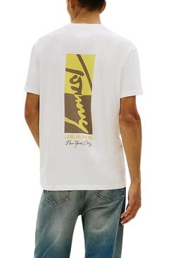 Camiseta Tommy Jeans Sign Block branca para homem.