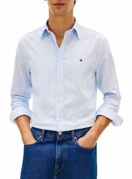 Camisa Tommy Hilfiger Gingham branca e azul para homem.