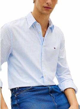 Camisa Tommy Hilfiger Gingham branca e azul para homem.
