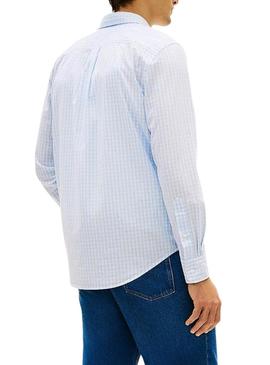 Camisa Tommy Hilfiger Gingham branca e azul para homem.