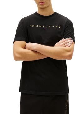 Camiseta Tommy Jeans Linear Logo preta para homem.