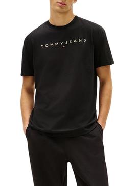 Camiseta Tommy Jeans Linear Logo preta para homem.