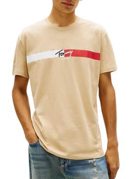 Camiseta Tommy Jeans Signature Stripe bege para mulher.