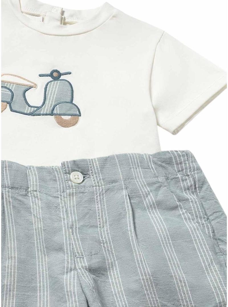 Conjunto Mayoral moto branco e azul para bebê.