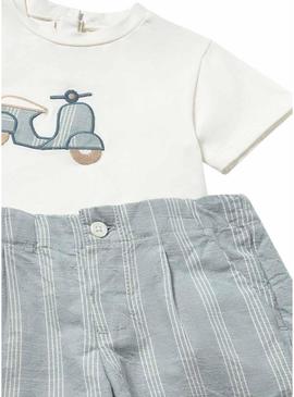 Conjunto Mayoral moto branco e azul para bebê.