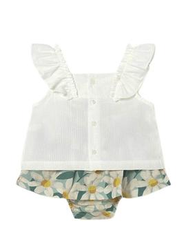 Conjunto de camisa e saia azul com flores para bebê da Mayoral.