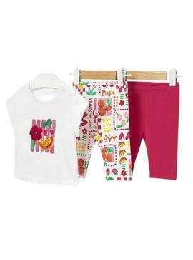 Conjunto Mayoral três peças frutas rosa para bebê.