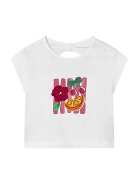 Conjunto Mayoral três peças frutas rosa para bebê.