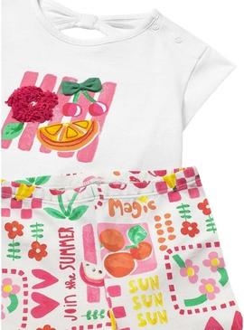 Conjunto Mayoral três peças frutas rosa para bebê.
