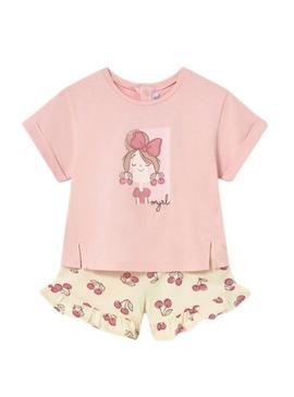 Conjunto camiseta e shorts Mayoral Peônia rosa para bebê