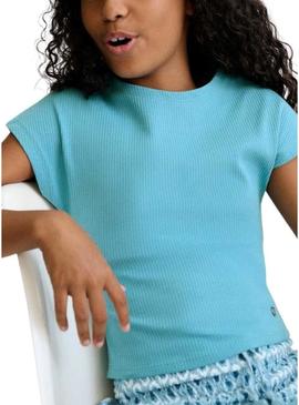 Camiseta Mayoral canelada azul para menina.