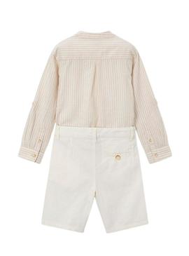 Conjunto camisa e bermuda Mayoral linho bege para menino.