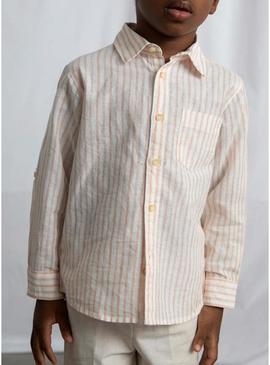 Camisa Mayoral linho listras branco e laranja para menino