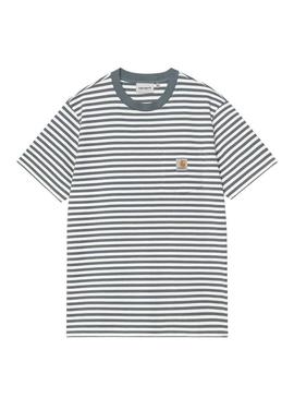 Camiseta Carhartt Ezra listrada branca e azul para homem.