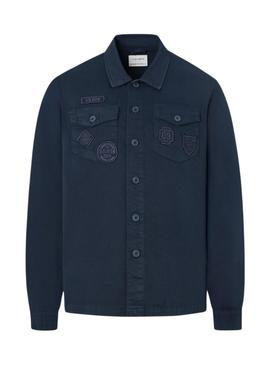 Camisa de manga longa Silbon com remendos azul marinho para homem.