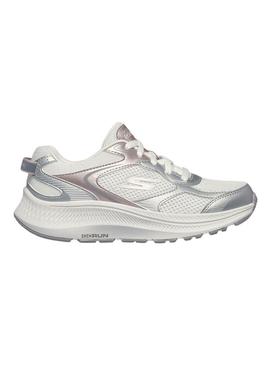Tênis Skechers Go Run 2.0 branco e prateado para mulher.