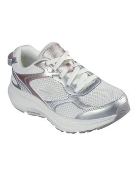 Tênis Skechers Go Run 2.0 branco e prateado para mulher.