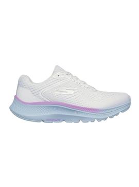 Tênis Skechers Go Run branco e azul para mulher.