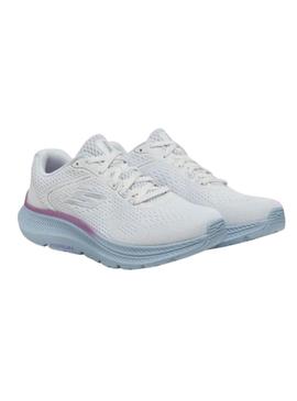 Tênis Skechers Go Run branco e azul para mulher.
