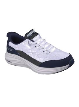 Tênis Skechers Contour Foam branco e azul marinho para homem.