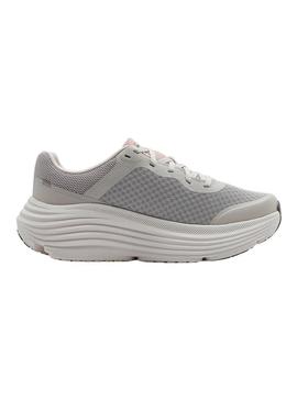 Sapatilhas Skechers Max Cushioning cinza e rosa para mulher.