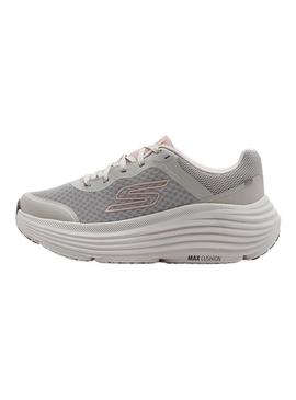 Sapatilhas Skechers Max Cushioning cinza e rosa para mulher.